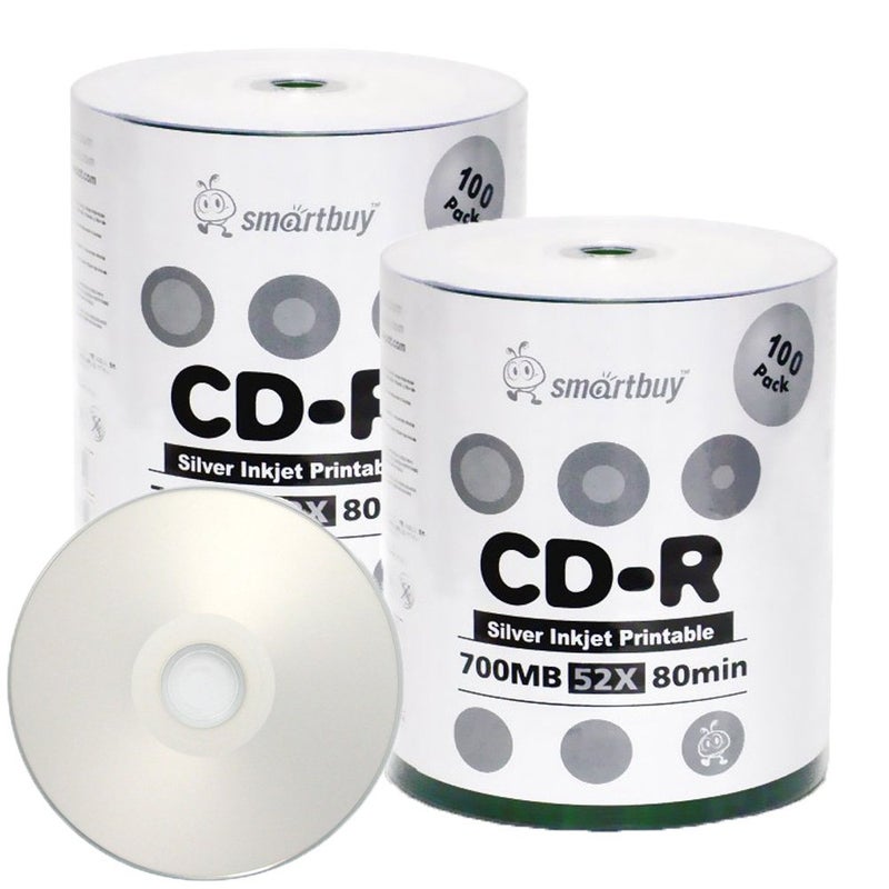 Smartbuy 700mb/80min 52x CD-R Silver Inkjet Hub Printable Blank Recordable Media Disc (200-Disc) - Image 1